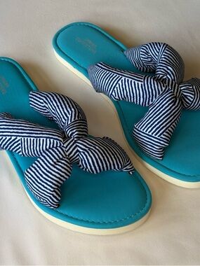 Urban Outfitters Turquoise Slide Sandals with Navy Striped Bow